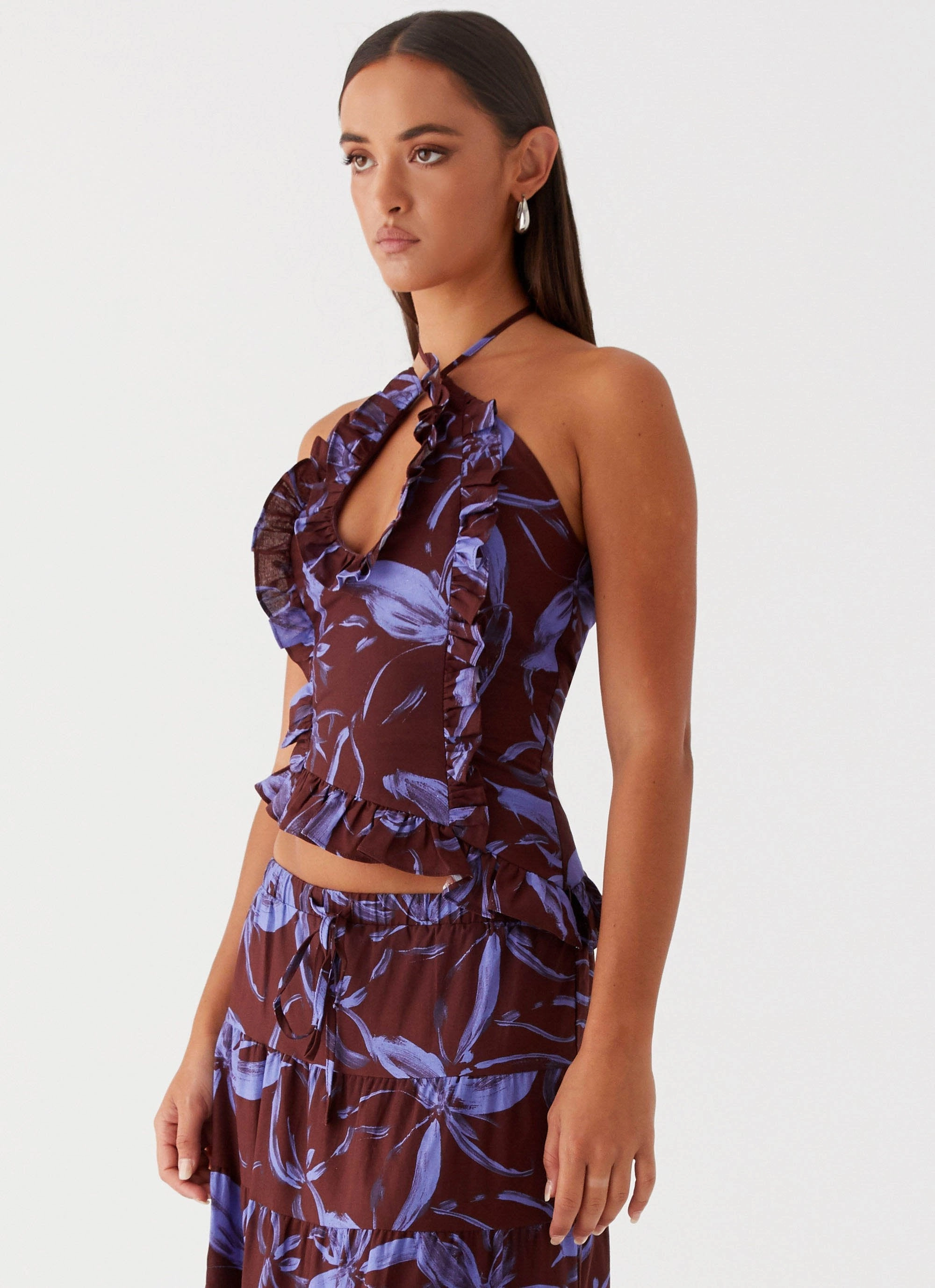 Mariella Linen Top - Purple Brown Floral HighNeckCut