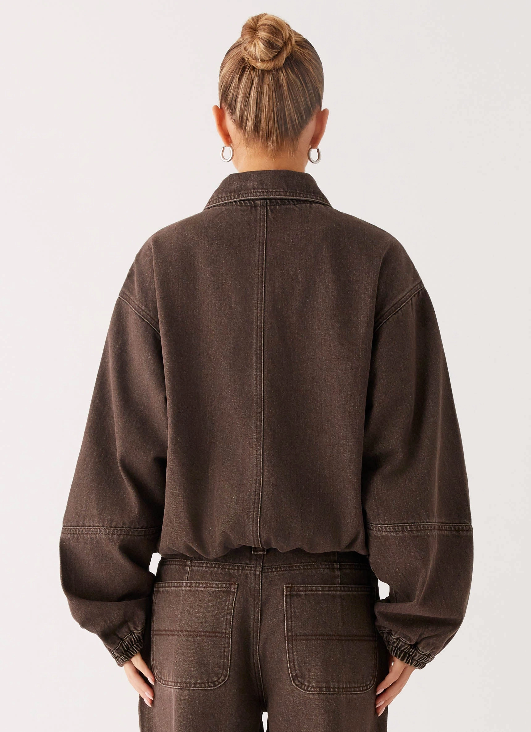 Seamless Edge Finishing Lightweight Comfort Midwest Washed Denim Bomber Jacket - Light Wash Chocolate