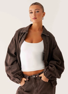 All Day Comfort Design Midwest Washed Denim Bomber Jacket - Light Wash Chocolate