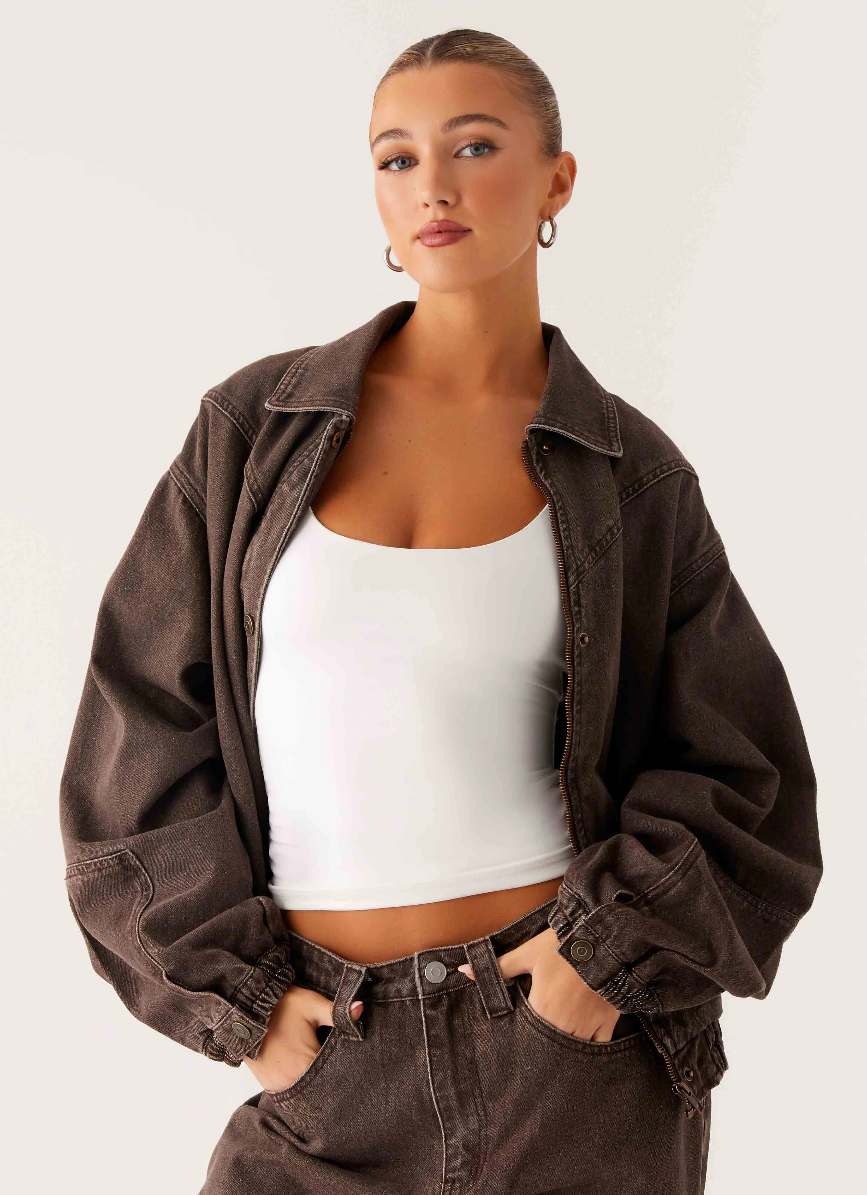 All Day Comfort Design Midwest Washed Denim Bomber Jacket - Light Wash Chocolate