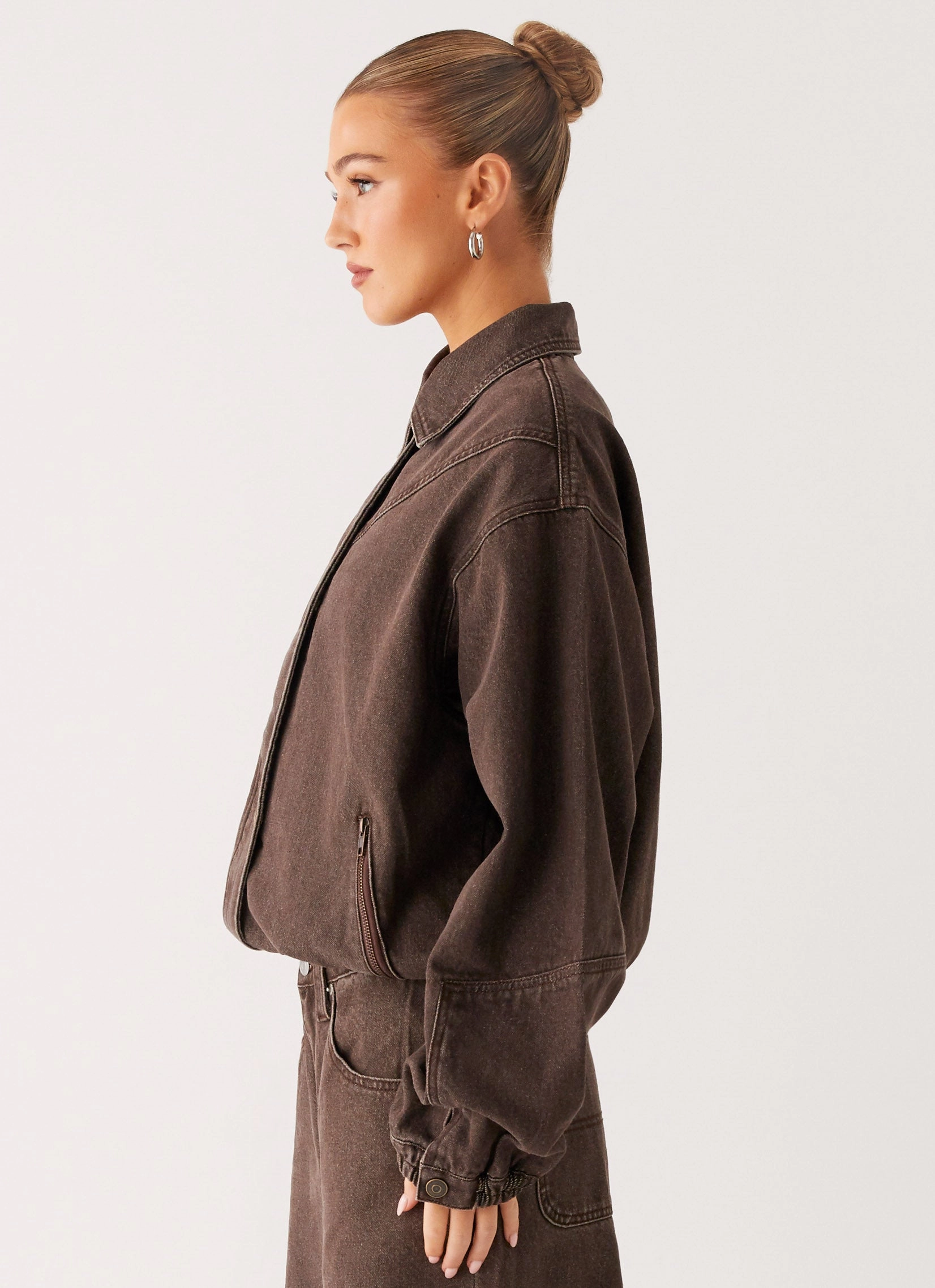 Midwest Washed Denim Bomber Jacket - Light Wash Chocolate Snow Ready Outfit