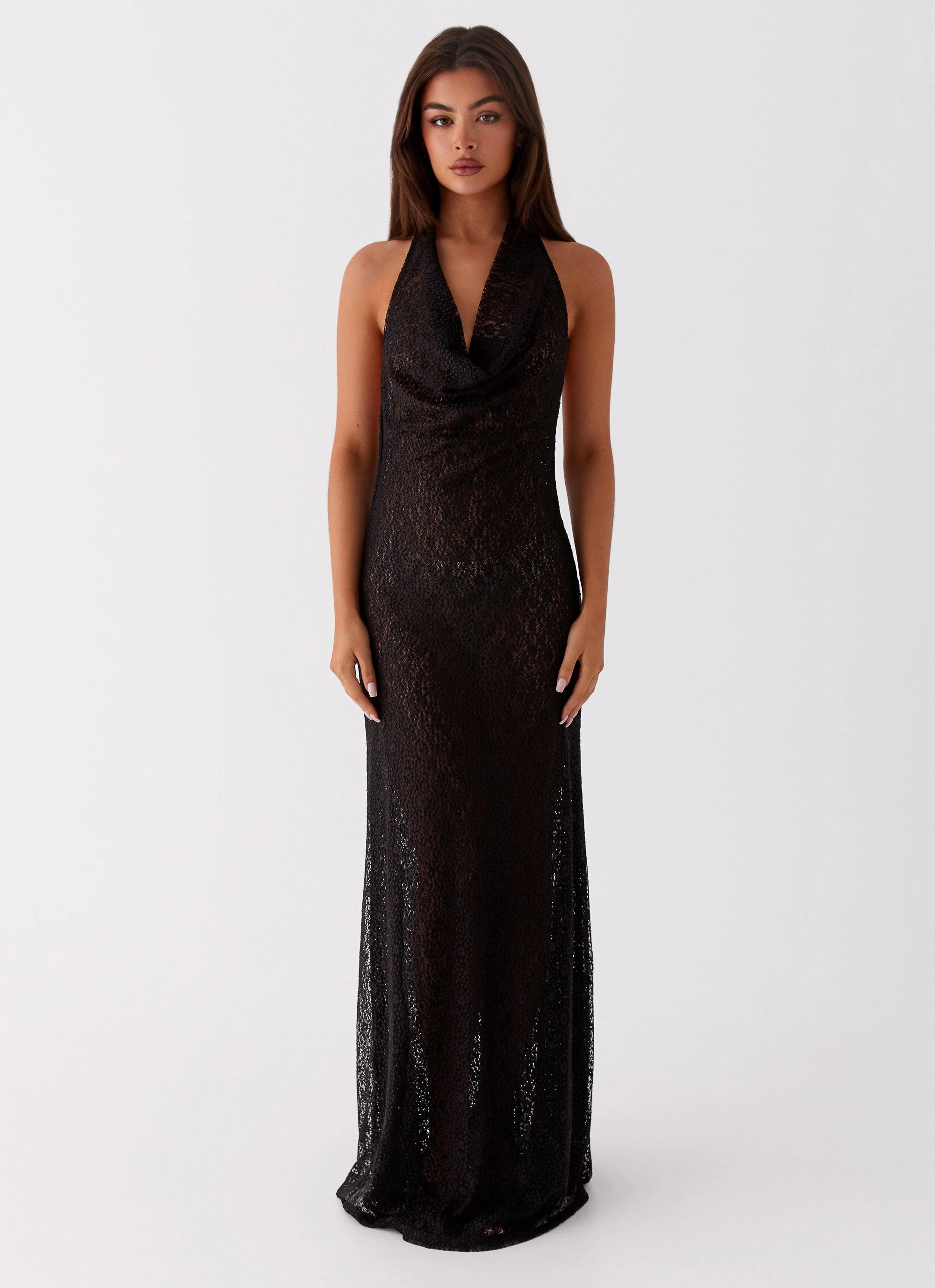Bold Color Timeless Design Tempest Cowl Neck Maxi Dress - Black