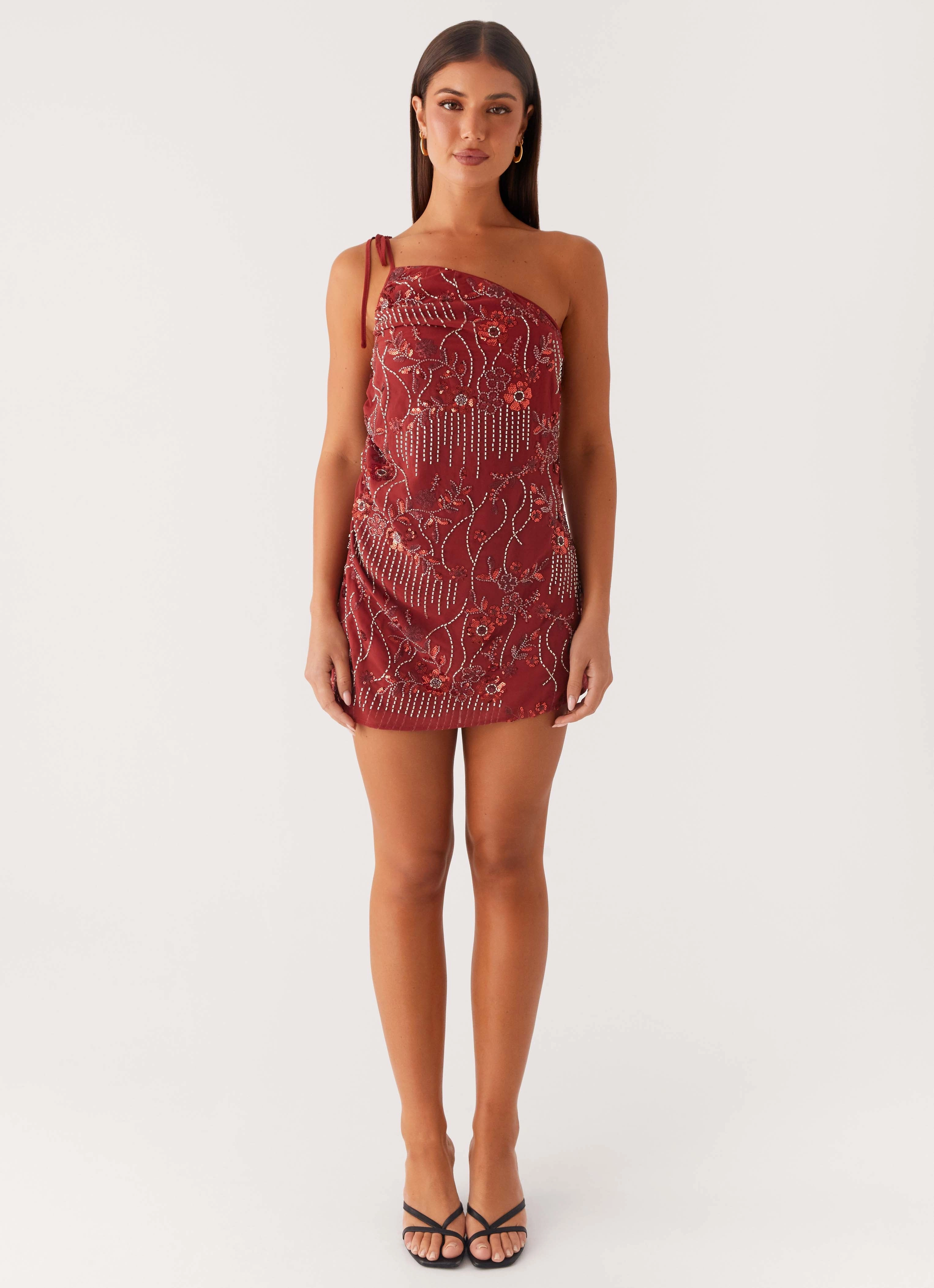 Temptational Beaded One Shoulder Mini Dress - Rust Stylish Mood Elegant Wearable