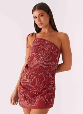 Temptational Beaded One Shoulder Mini Dress - Rust Balanced Fit Versatile Wear