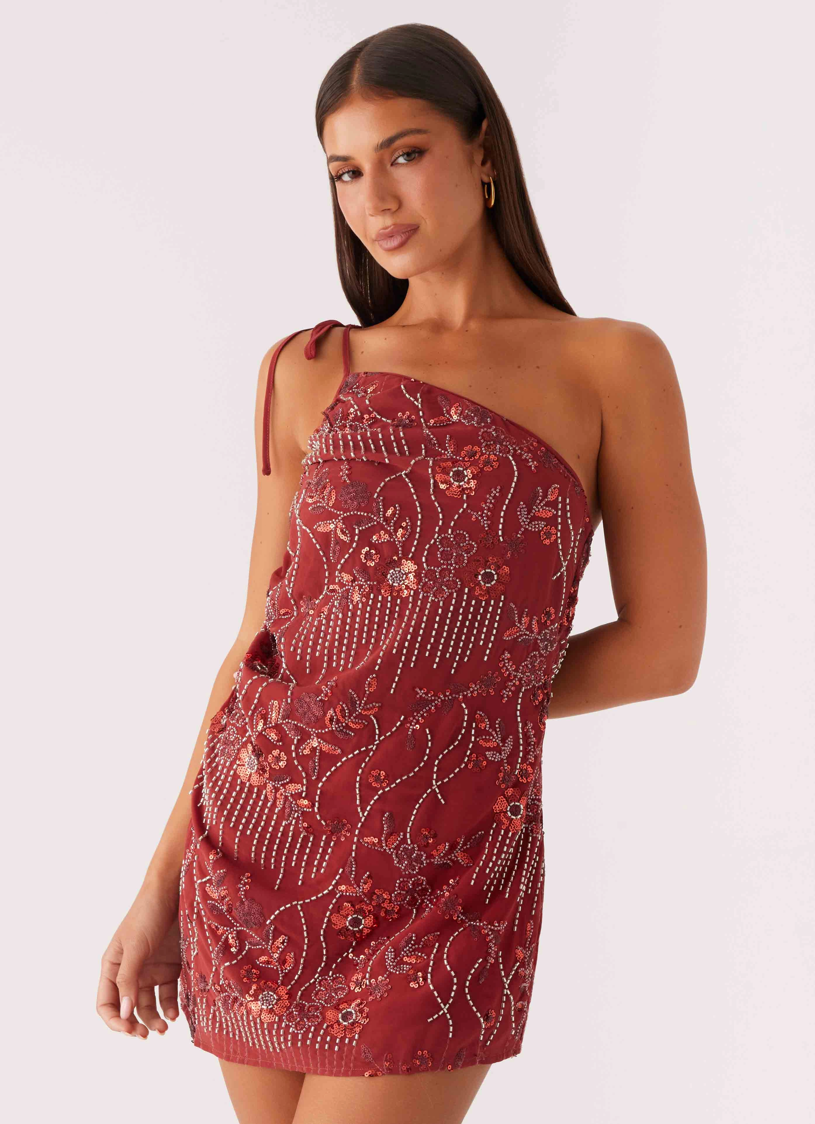 Temptational Beaded One Shoulder Mini Dress - Rust Balanced Fit Versatile Wear