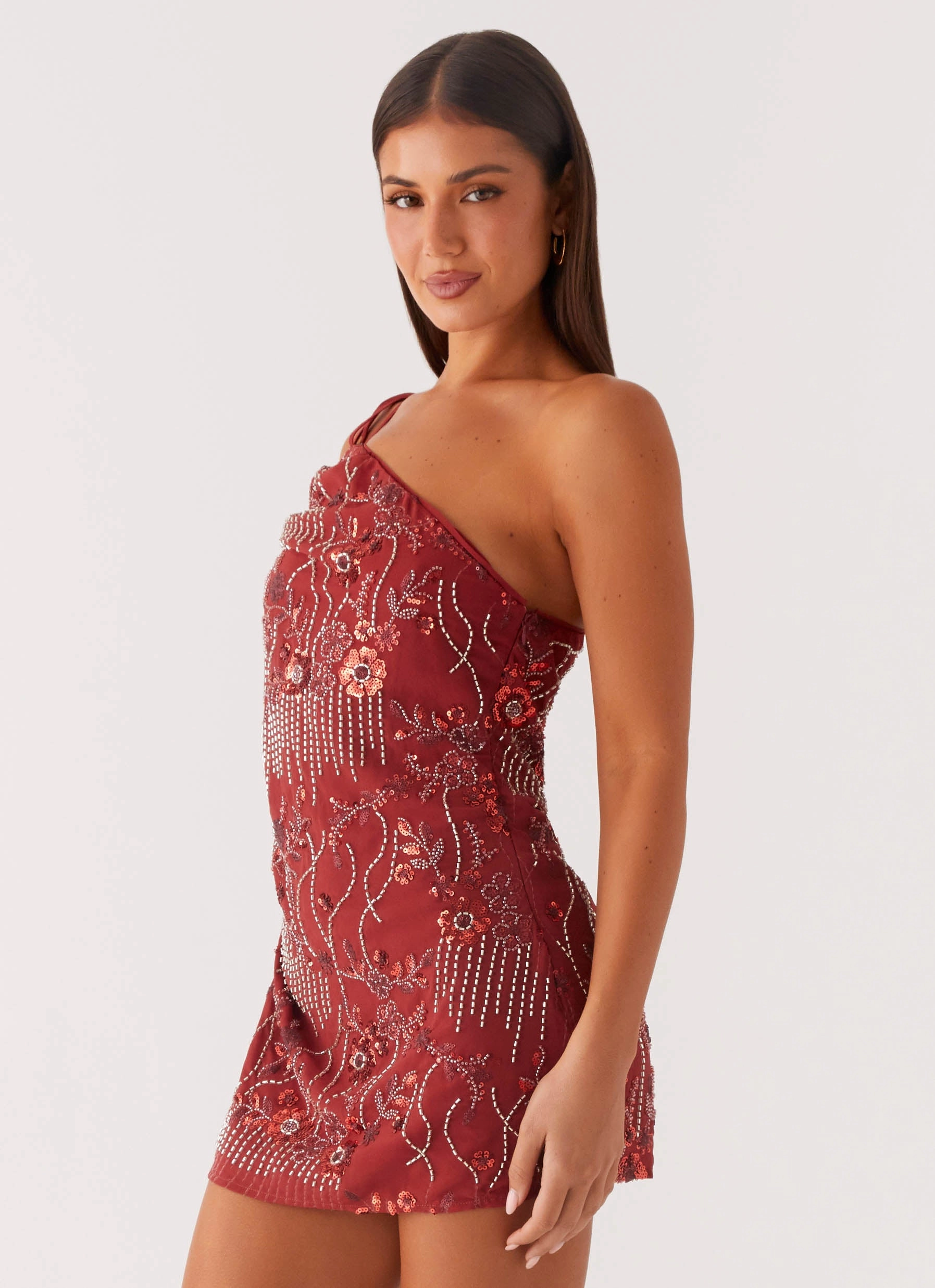 Seasonal Essential Regular-fit Temptational Beaded One Shoulder Mini Dress - Rust