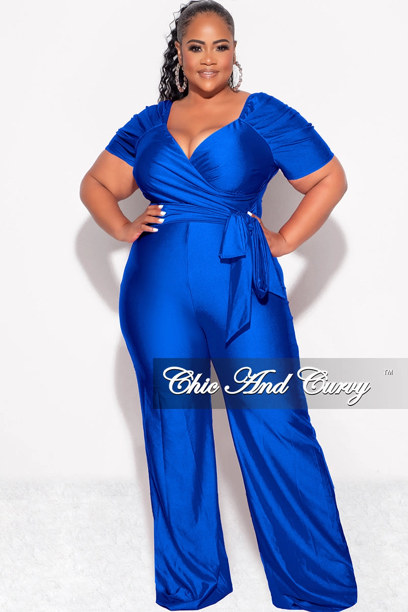 Final Sale Plus Size Shiny Jumpsuit with Ruched Sleeves in Royal Blue Contemporary Cut