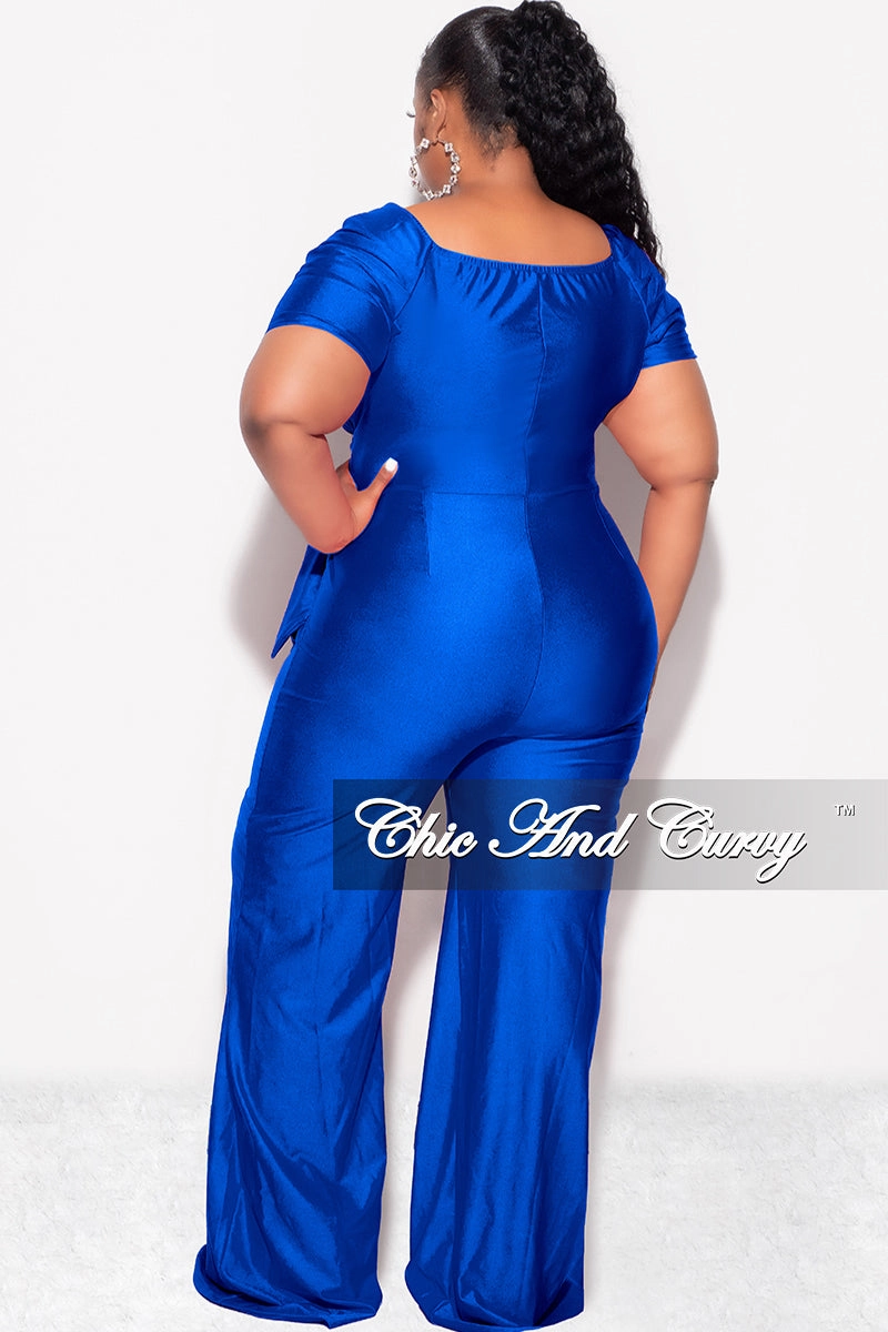Final Sale Plus Size Shiny Jumpsuit with Ruched Sleeves in Royal Blue Breathable mesh lining PolyesterBlend