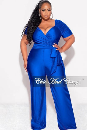 Printed Blouse Seamless Design Final Sale Plus Size Shiny Jumpsuit with Ruched Sleeves in Royal Blue