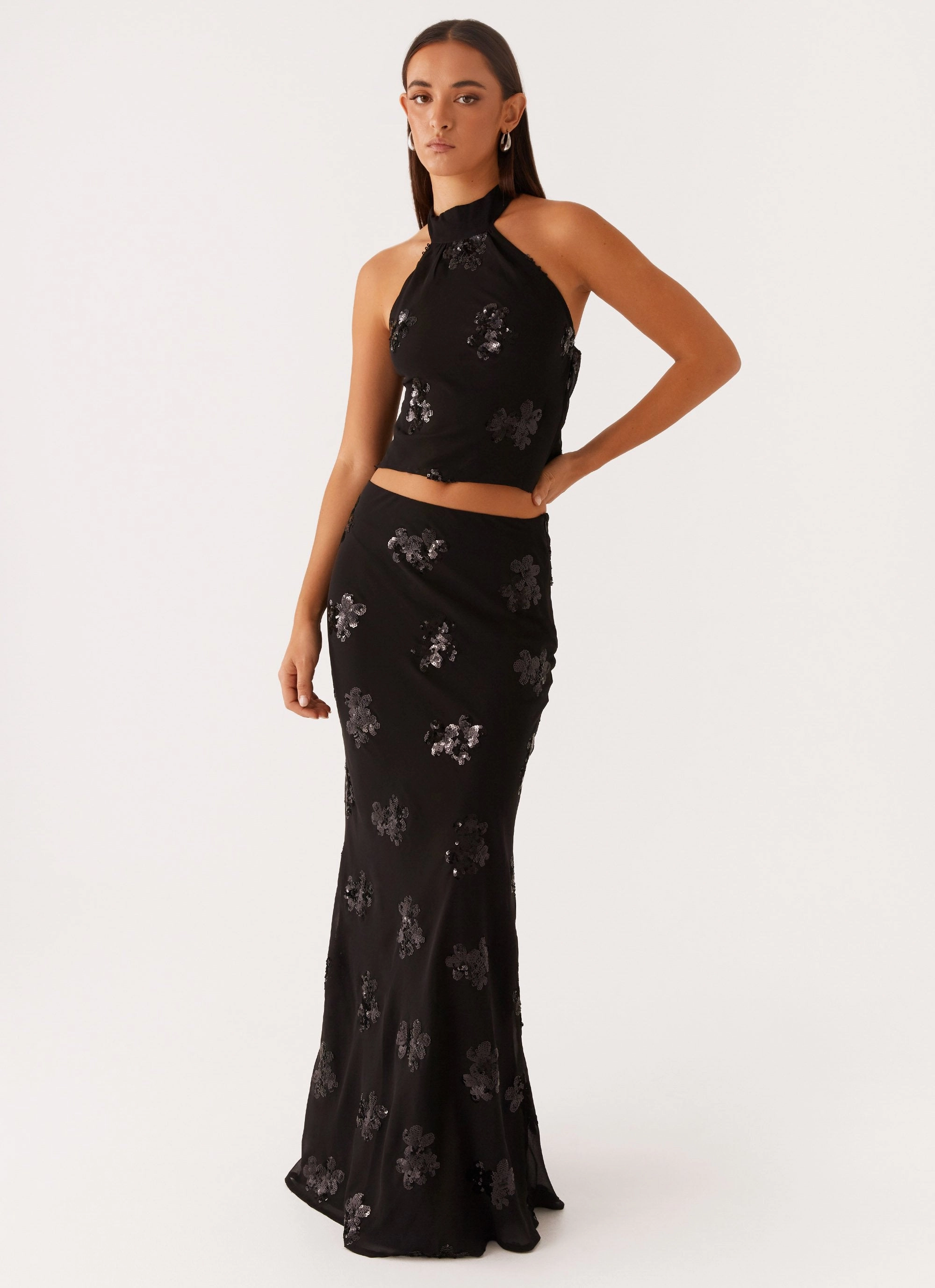 Cillian Sequin Halter Top - Black Ergonomic Shoulder Shape High Density Knit