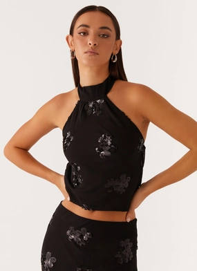 LongWearingComfort Cillian Sequin Halter Top - Black