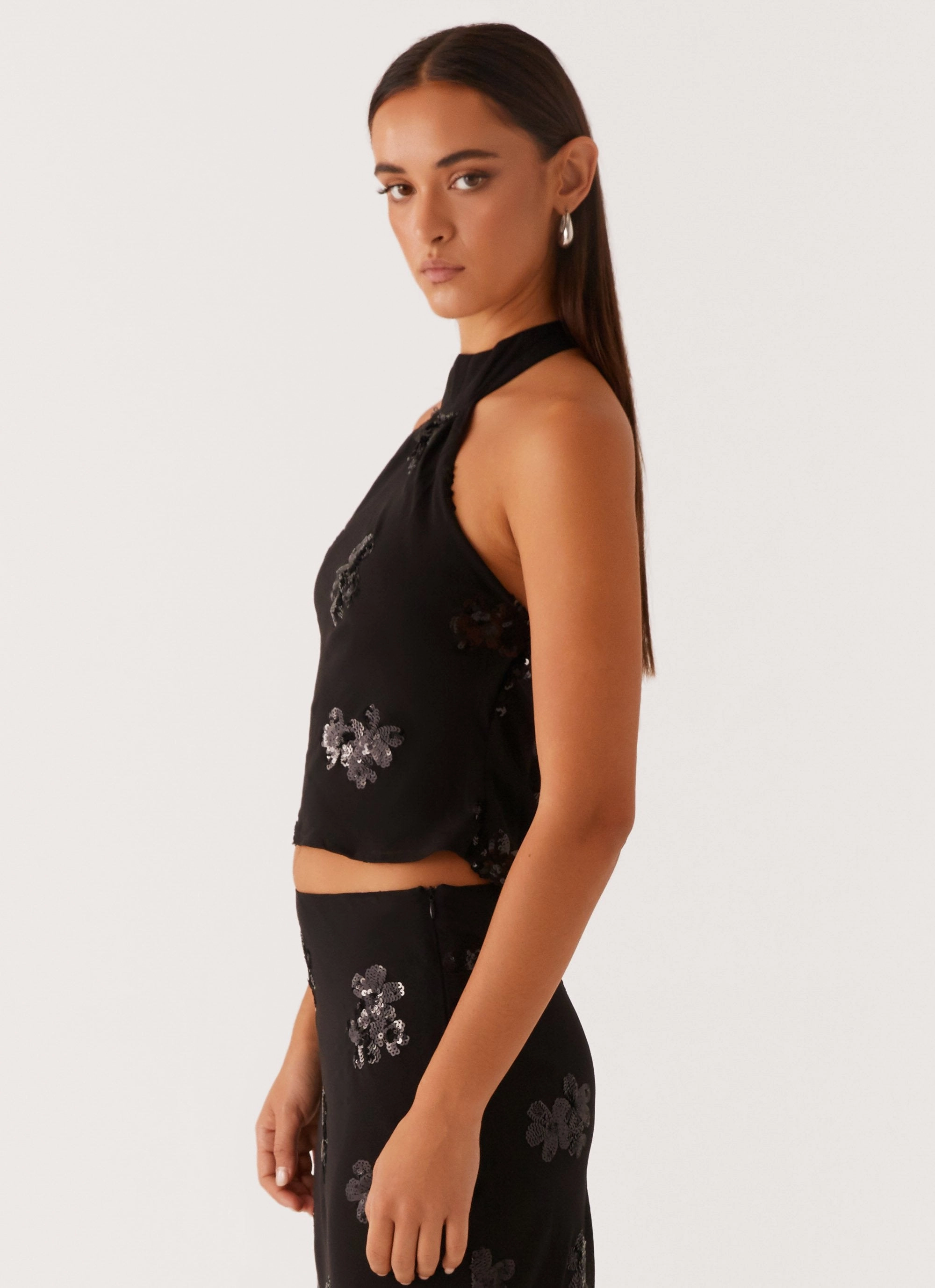 Cillian Sequin Halter Top - Black YarnDyeStripe Fun Design