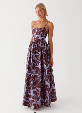 Tesoro Maxi Dress - Brown Purple Floral QuickDryTechnology Front-Zip