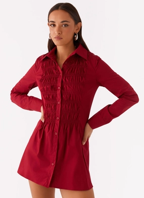 Comfortable and Fashionable Relax Appeal Tessie Shirred Shirt Dress - Rhubarb