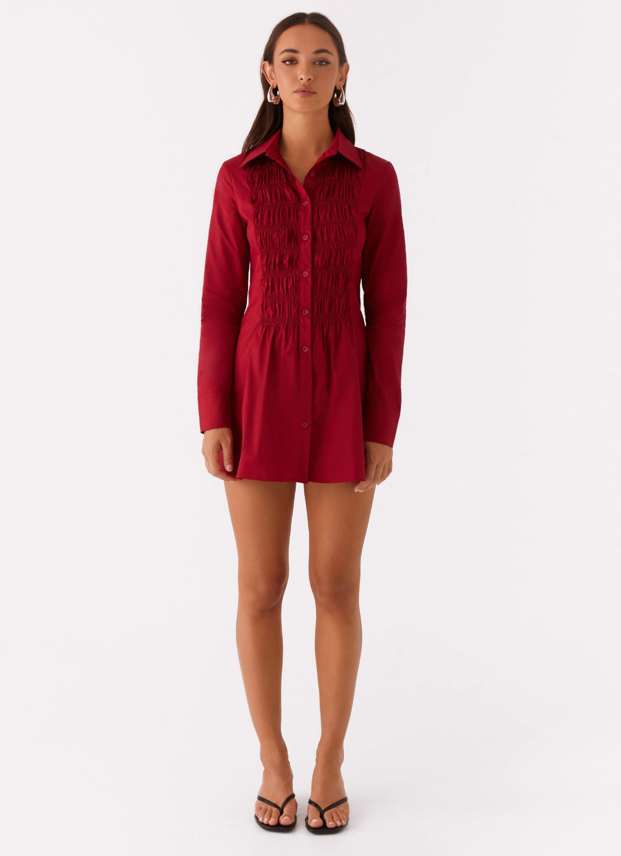 PlushLining Dreamy Texture Tessie Shirred Shirt Dress - Rhubarb