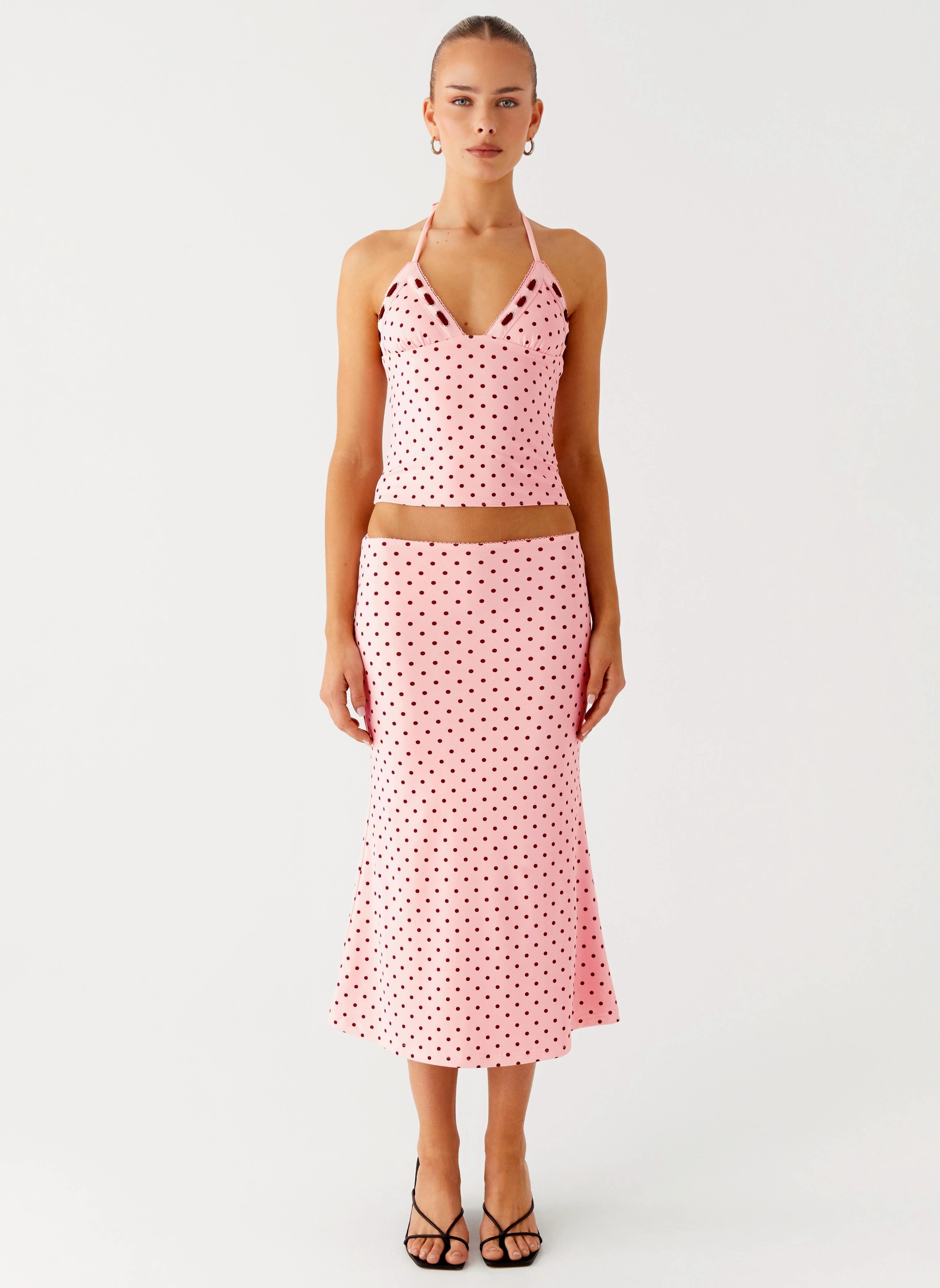 Practical Design Subtle Color Tone Bahama Eyelet Lace Up Top - Strawberry Dot