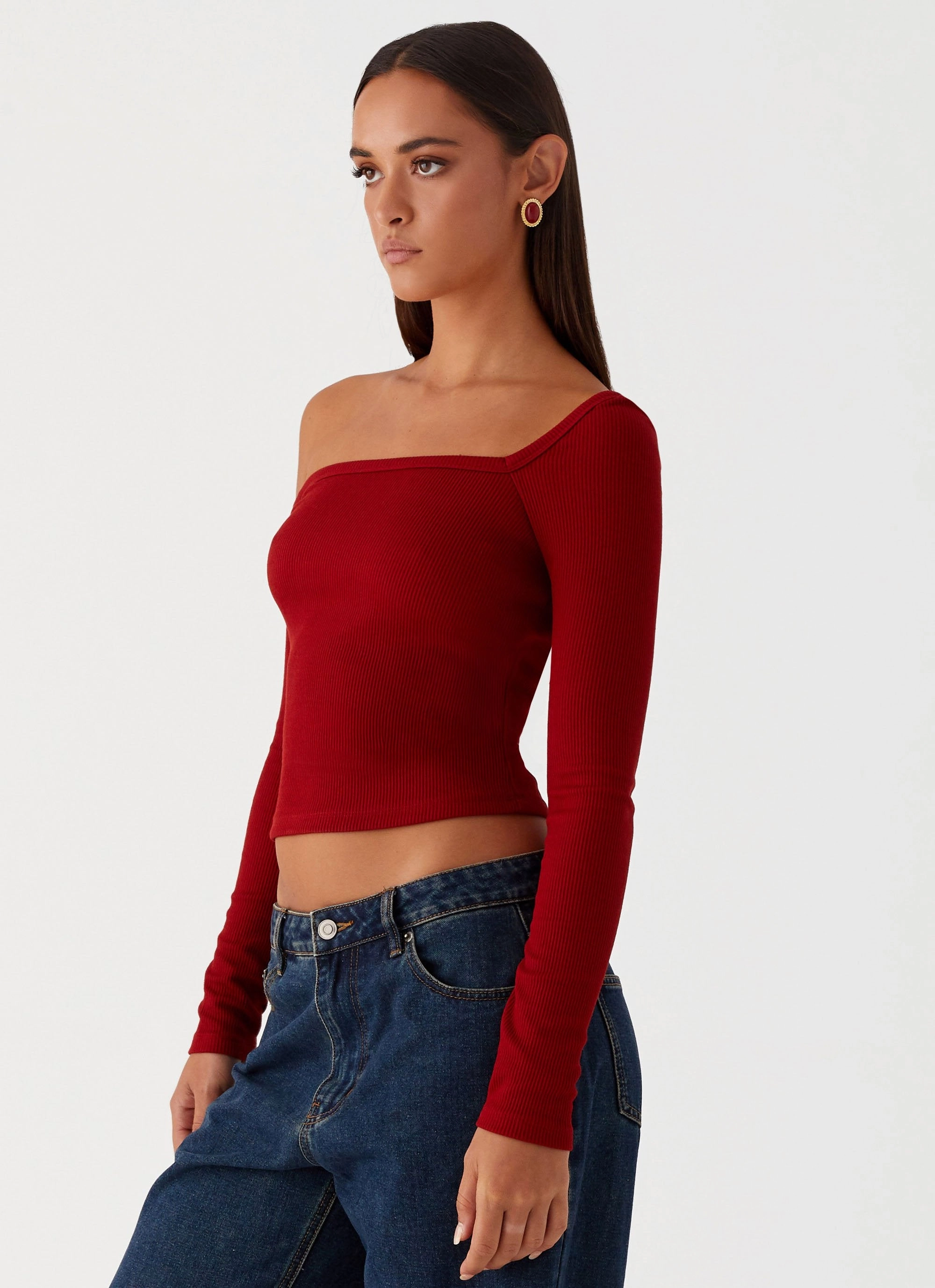 Talia Asymmetric Long Sleeve Top - Red HighStretch