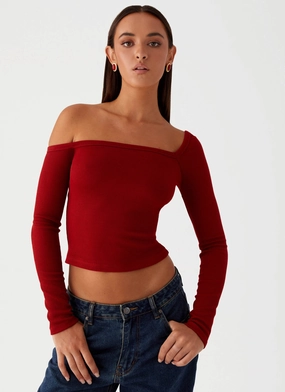Talia Asymmetric Long Sleeve Top - Red Resilient Fabric Blend wrinkle free finish