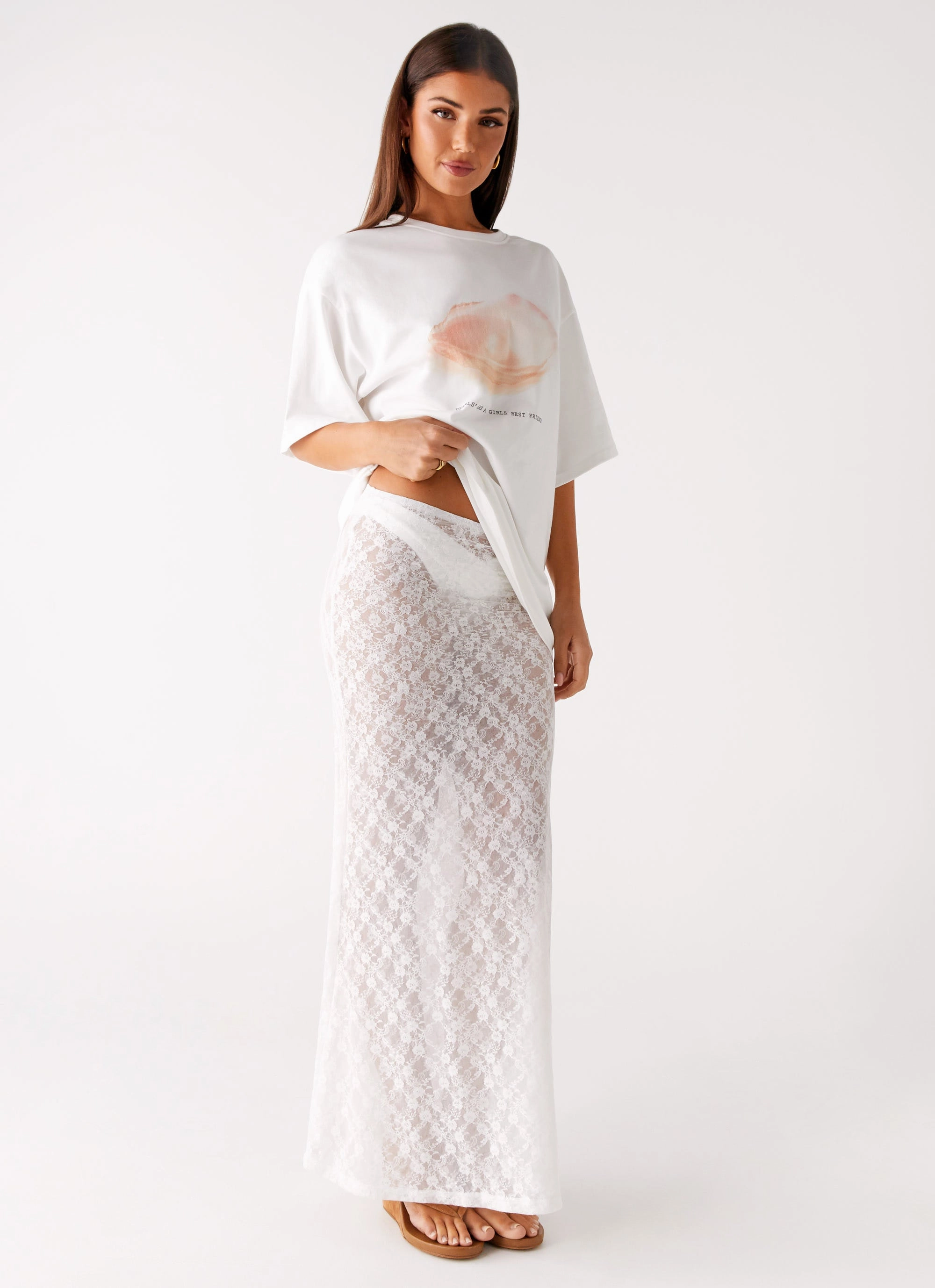 Button front Multi-way wear Jaz Lace Maxi Skirt - White
