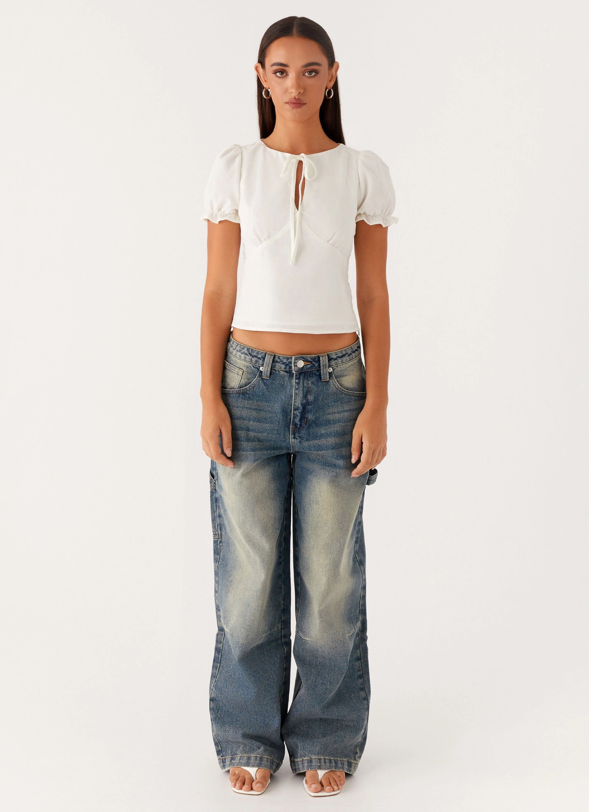 These Words Puff Sleeve Top - White Grid Back Panel AntiPillingFinish