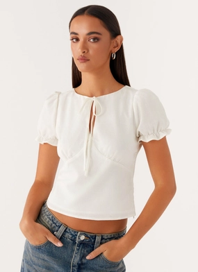These Words Puff Sleeve Top - White Lightweight Weave