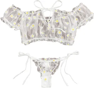 Thong Bra Sleepwear Embroidery Pajamas Bowknot Women Set Lingerie Strapless Lace Hot Lingerie