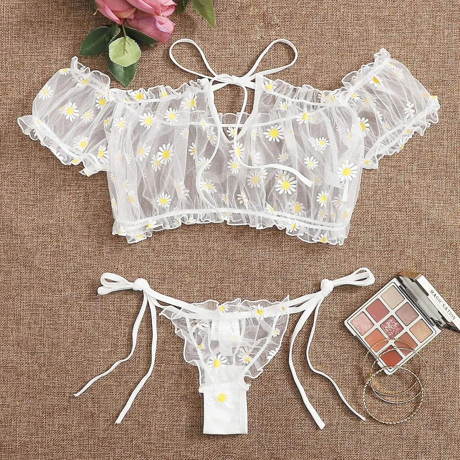 Thong Bra Sleepwear Embroidery Pajamas Bowknot Women Set Lingerie Strapless Lace Hot Lingerie