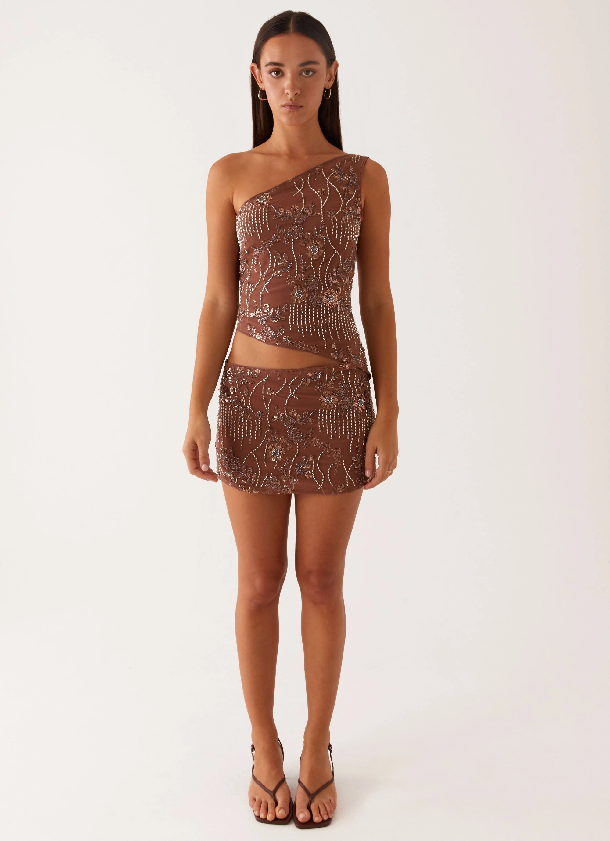Romantic Bloom Frayed-Edge Through The Night One Shoulder Mini Dress - Chocolate