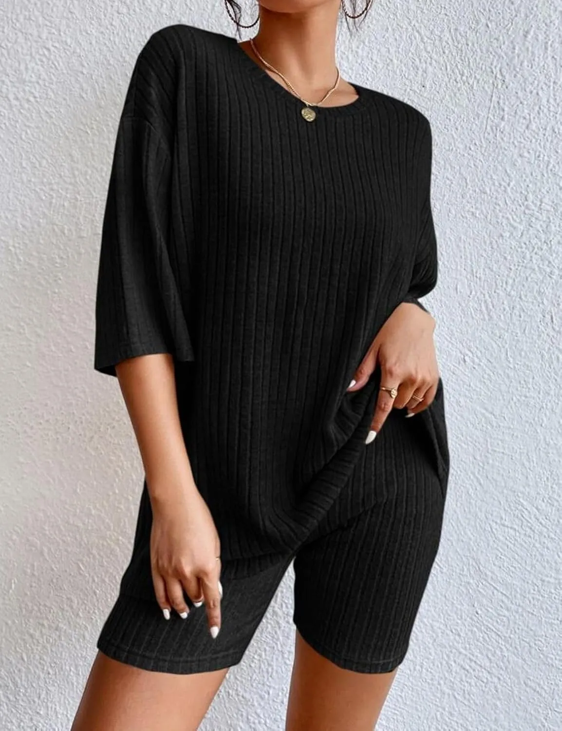 TIAFORD Women's 2 Piece Lounge Sets Pajamas Ribbed Knit Short Sleeve Drop Shoulder Tshirt Leggings Shorts Loungewear Outfits