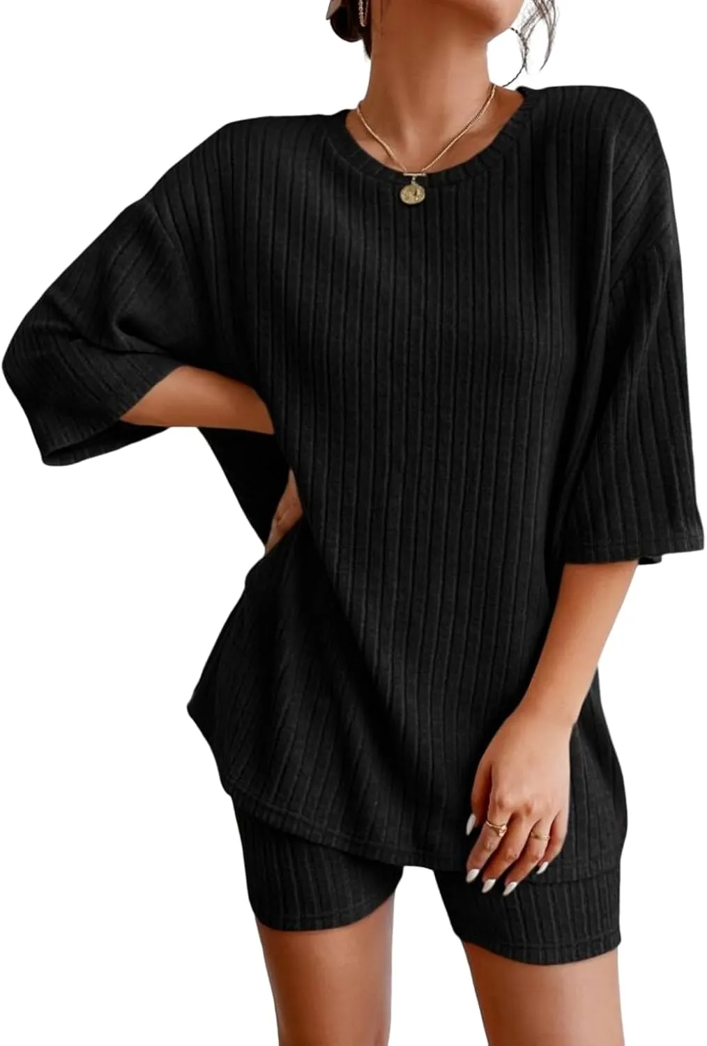 TIAFORD Women's 2 Piece Lounge Sets Pajamas Ribbed Knit Short Sleeve Drop Shoulder Tshirt Leggings Shorts Loungewear Outfits