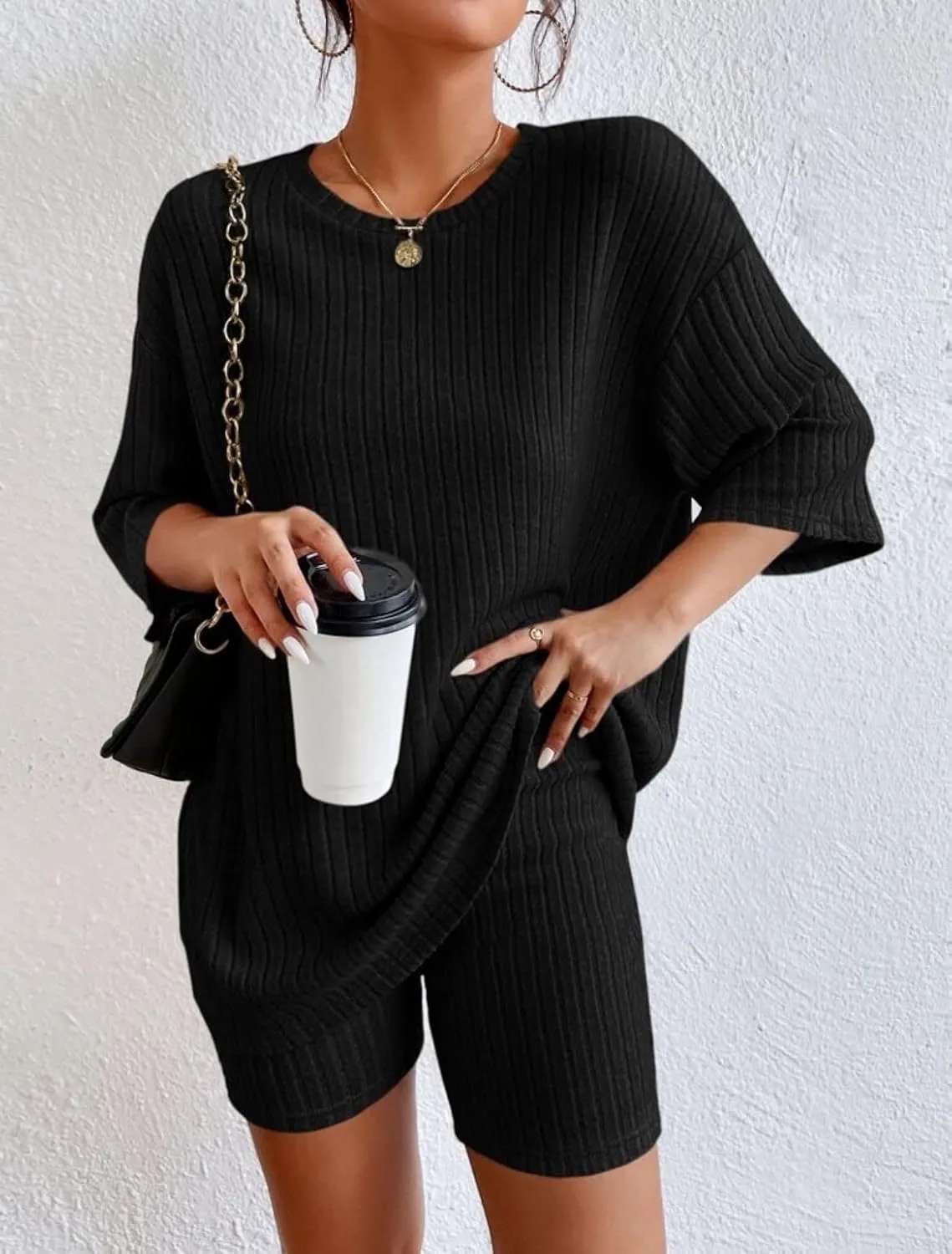 TIAFORD Women's 2 Piece Lounge Sets Pajamas Ribbed Knit Short Sleeve Drop Shoulder Tshirt Leggings Shorts Loungewear Outfits