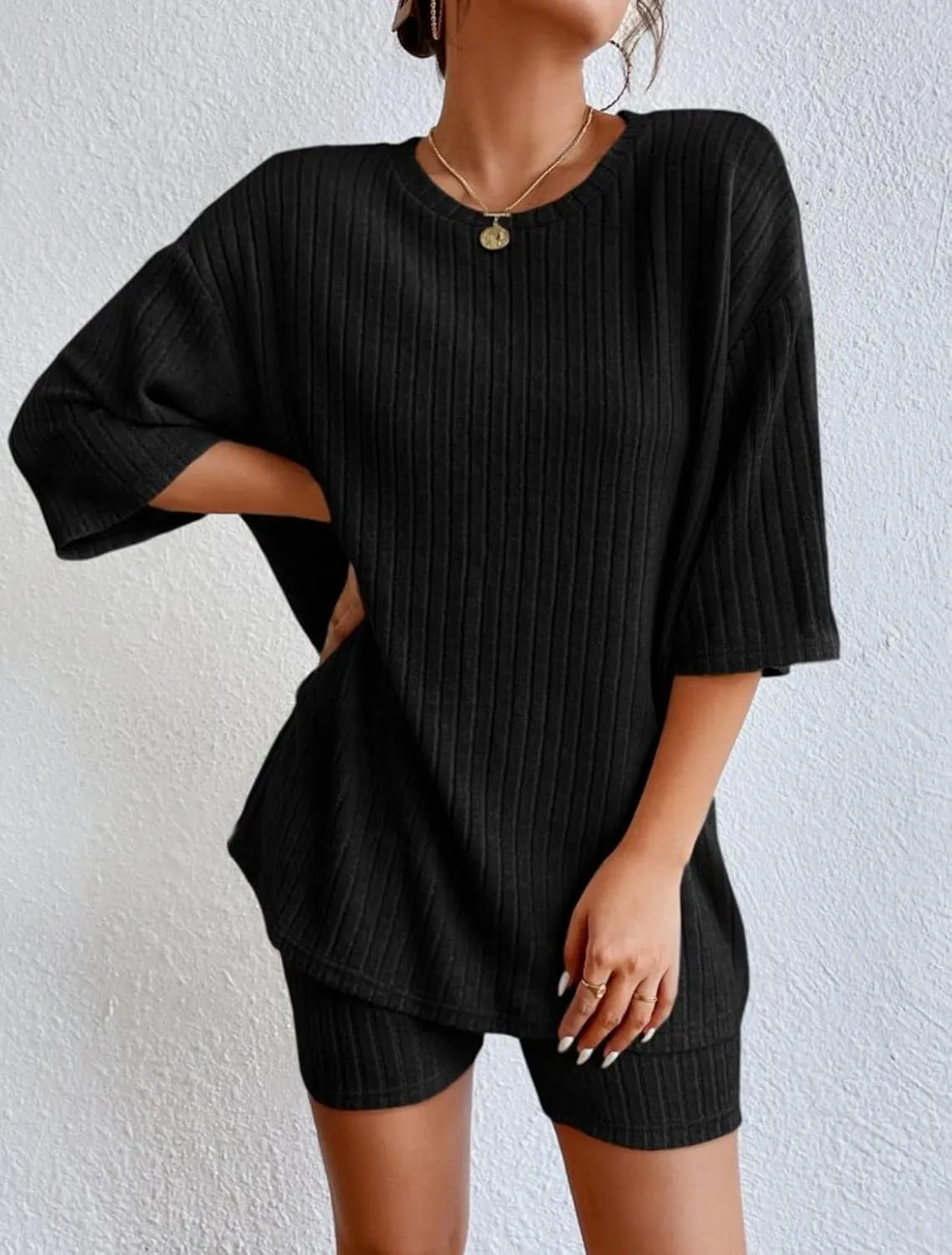 TIAFORD Women's 2 Piece Lounge Sets Pajamas Ribbed Knit Short Sleeve Drop Shoulder Tshirt Leggings Shorts Loungewear Outfits