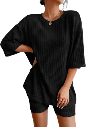 TIAFORD Women's 2 Piece Lounge Sets Pajamas Ribbed Knit Short Sleeve Drop Shoulder Tshirt Leggings Shorts Loungewear Outfits