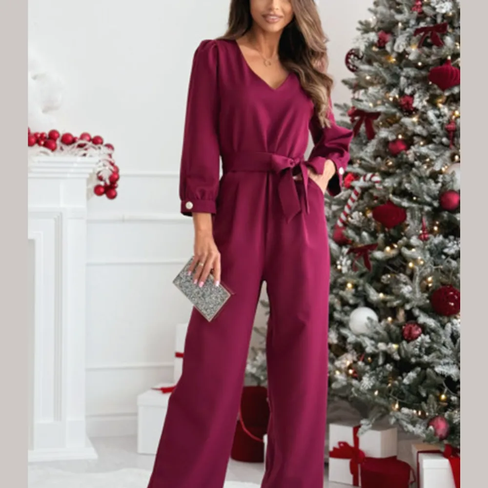 Tied V-Neck Long Sleeve Wide Leg Jumpsuit