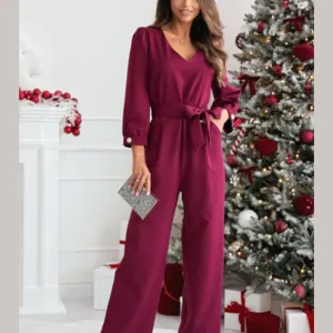 Tied V-Neck Long Sleeve Wide Leg Jumpsuit