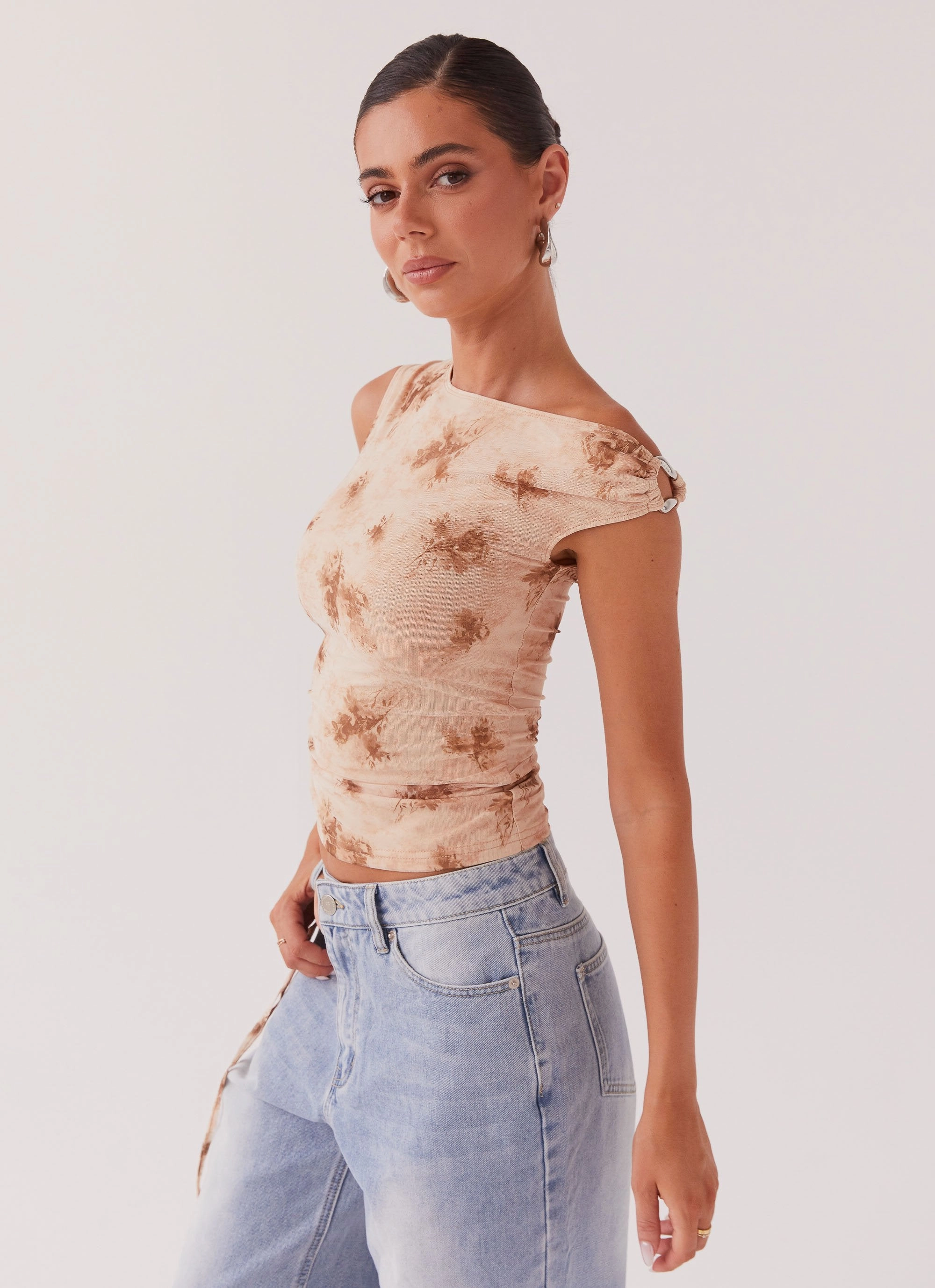 Comfortable Design WrinkleFree Structure Til Sunrise Off The Shoulder Top - Taupe Smoke