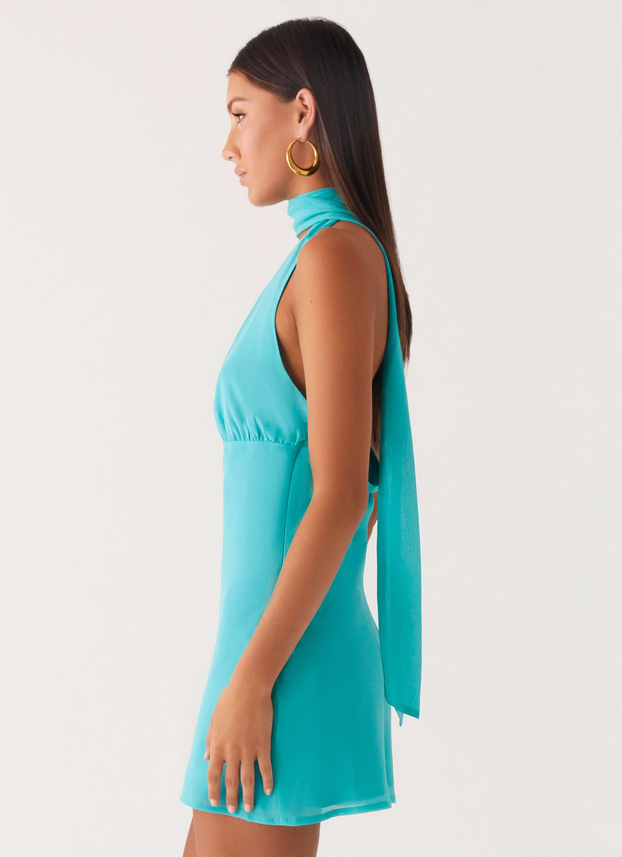 Evening Ready Multipurpose Melisande Scarf Neck Mini Dress - Aqua Blue