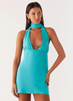 OdorControlTreatment Melisande Scarf Neck Mini Dress - Aqua Blue