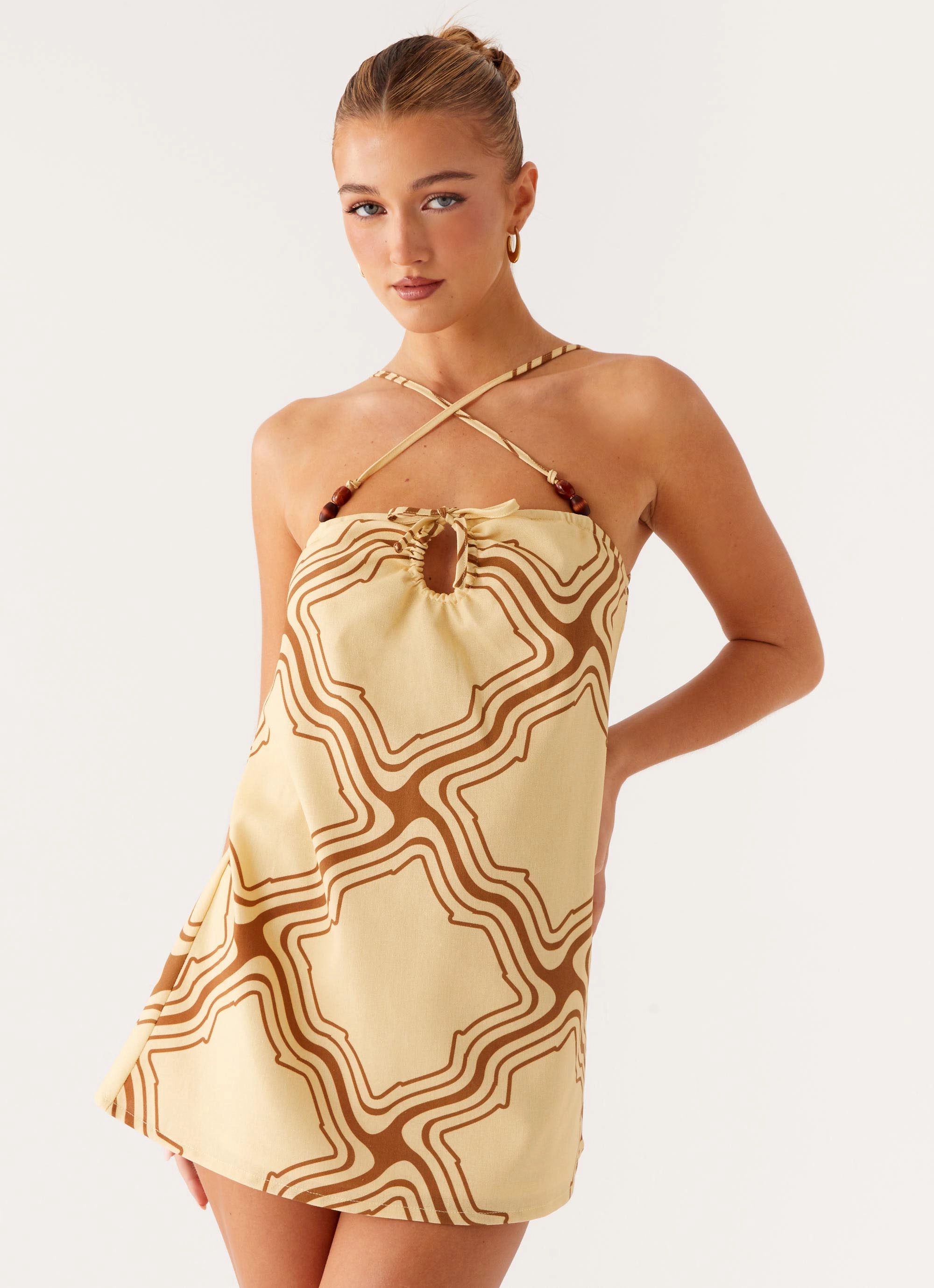 Naomi Criss Cross Mini Dress - Tidal Wave Print Velvet-Sleeve