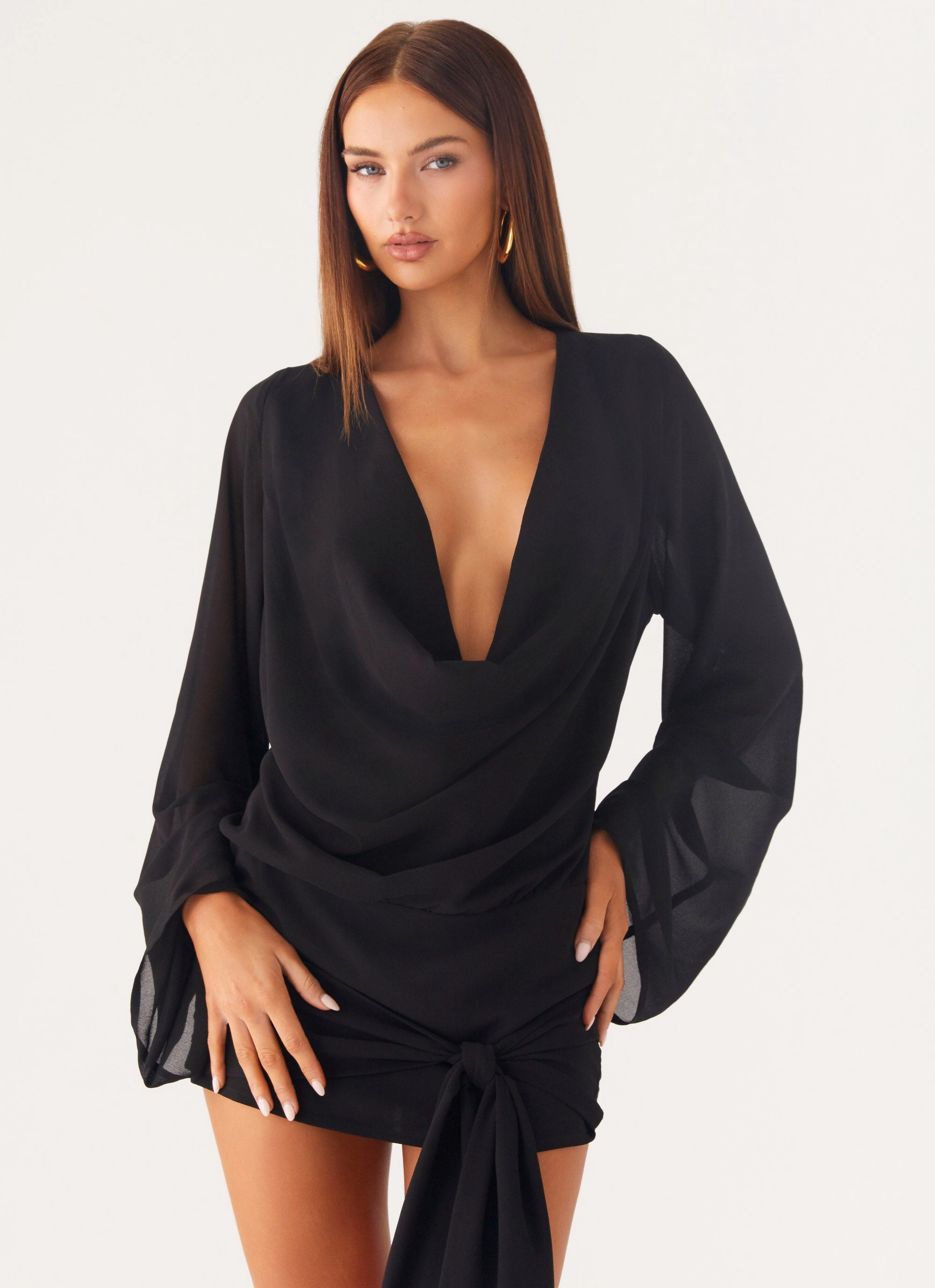 Sorrel Long Sleeve Mini Dress - Black Pleat Breeze