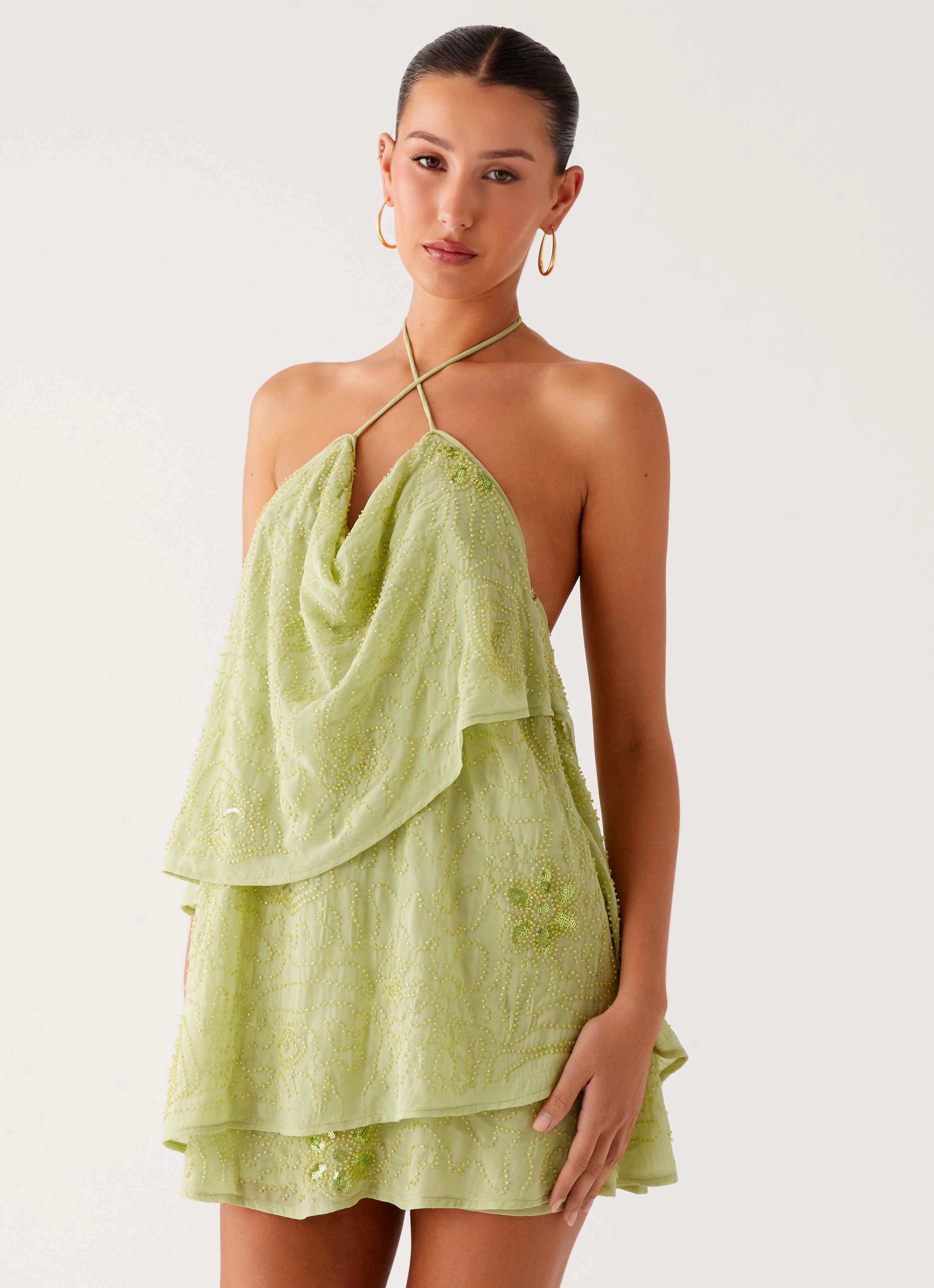 On The Go Beaded Mini Dress - Mint Fit Base