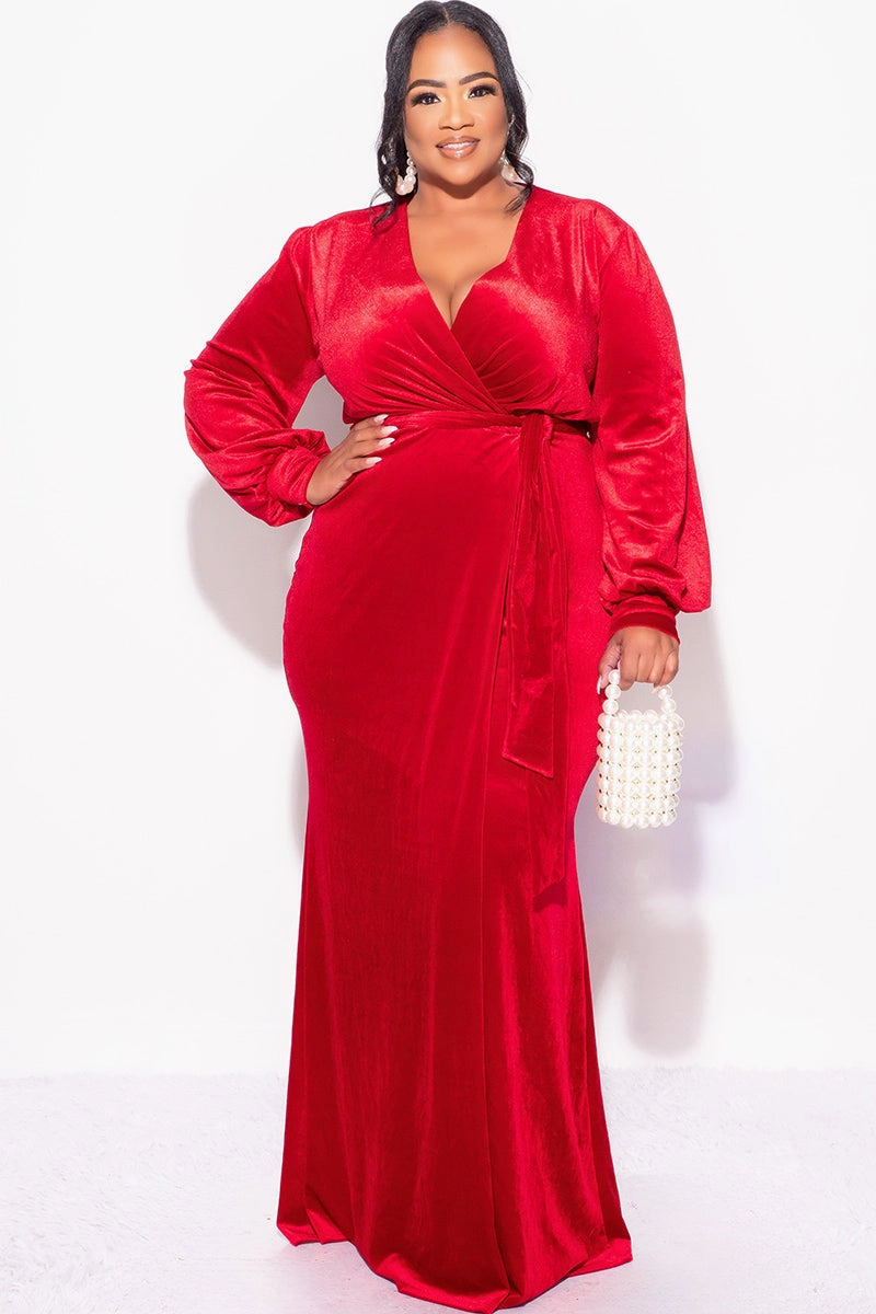 Anti Static Weave Technology Cooling Technology Final Sale Plus Size Faux Wrap Gown with Tie Belt in Red Velvet