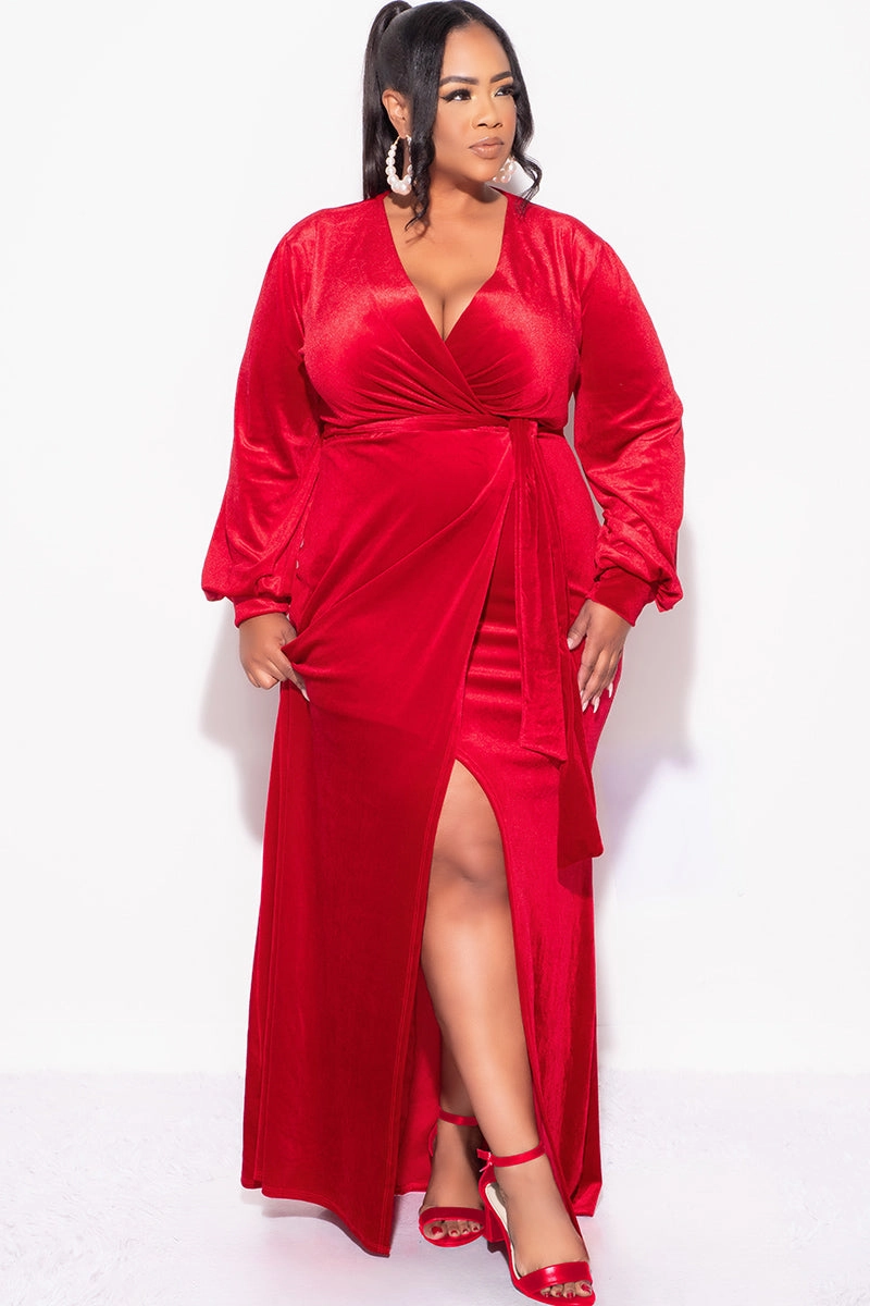 Final Sale Plus Size Faux Wrap Gown with Tie Belt in Red Velvet Adaptive Temperature Control