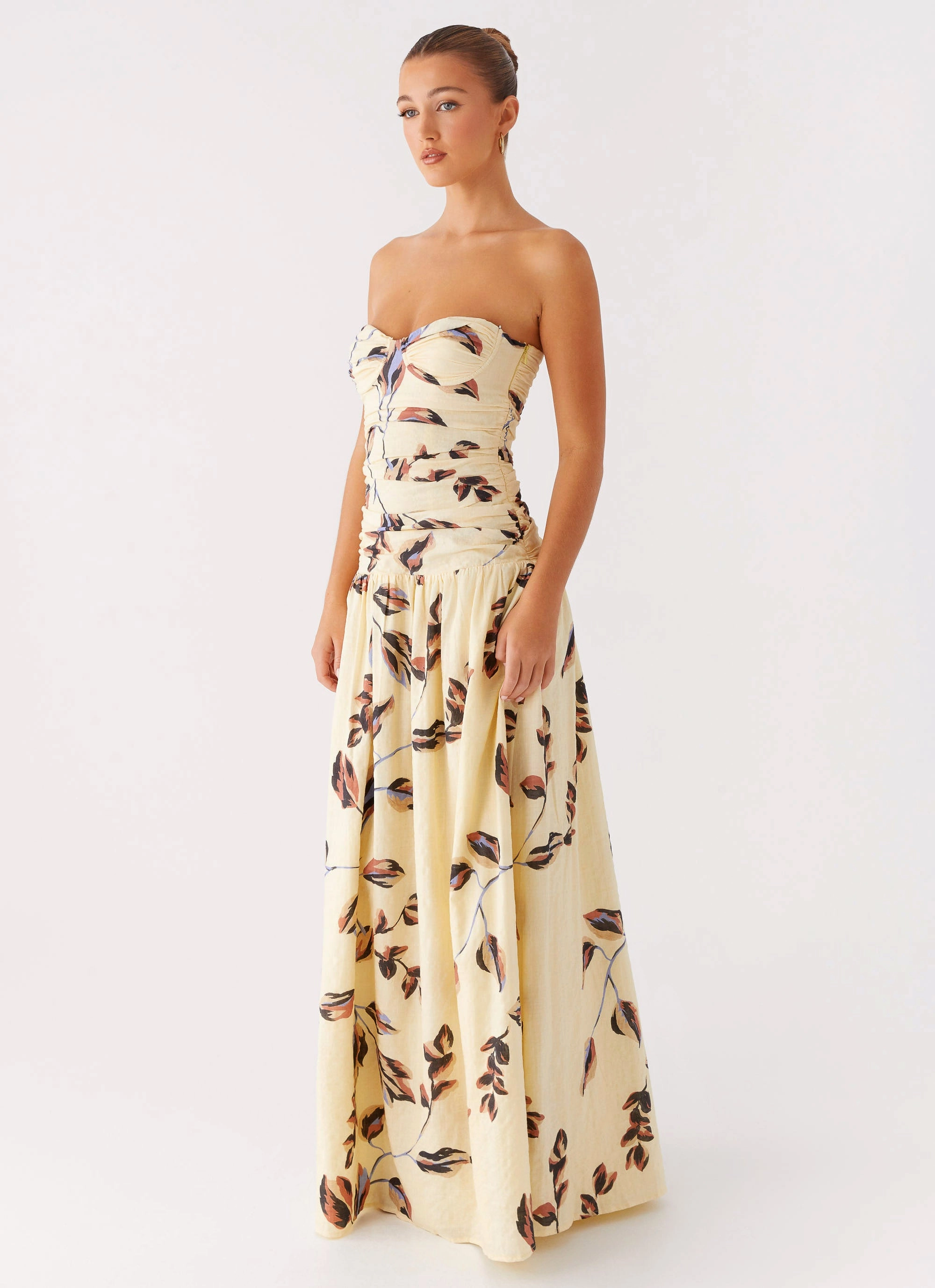 Premium Fabric Statement-Print Rhea Ruched Maxi Dress - Buttercream Bliss