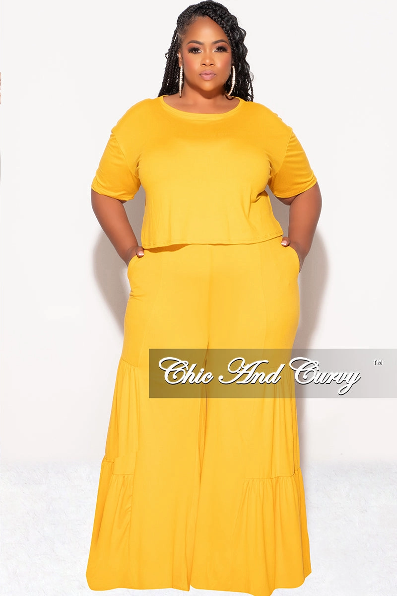Flexible Comfort Wear Final Sale Plus Size 2pc Crop Tie Top and 3-Layer Pants Set in Mustard