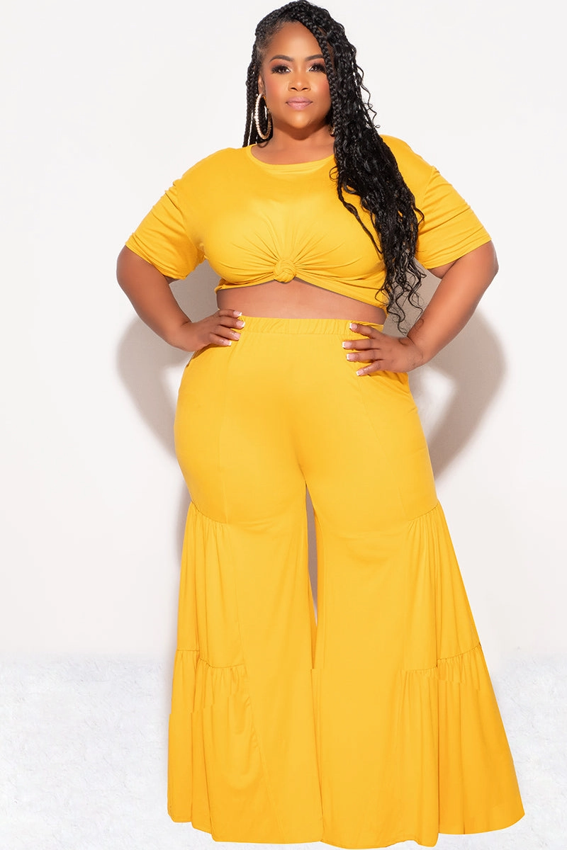 Final Sale Plus Size 2pc Crop Tie Top and 3-Layer Pants Set in Mustard Minimal Vibe