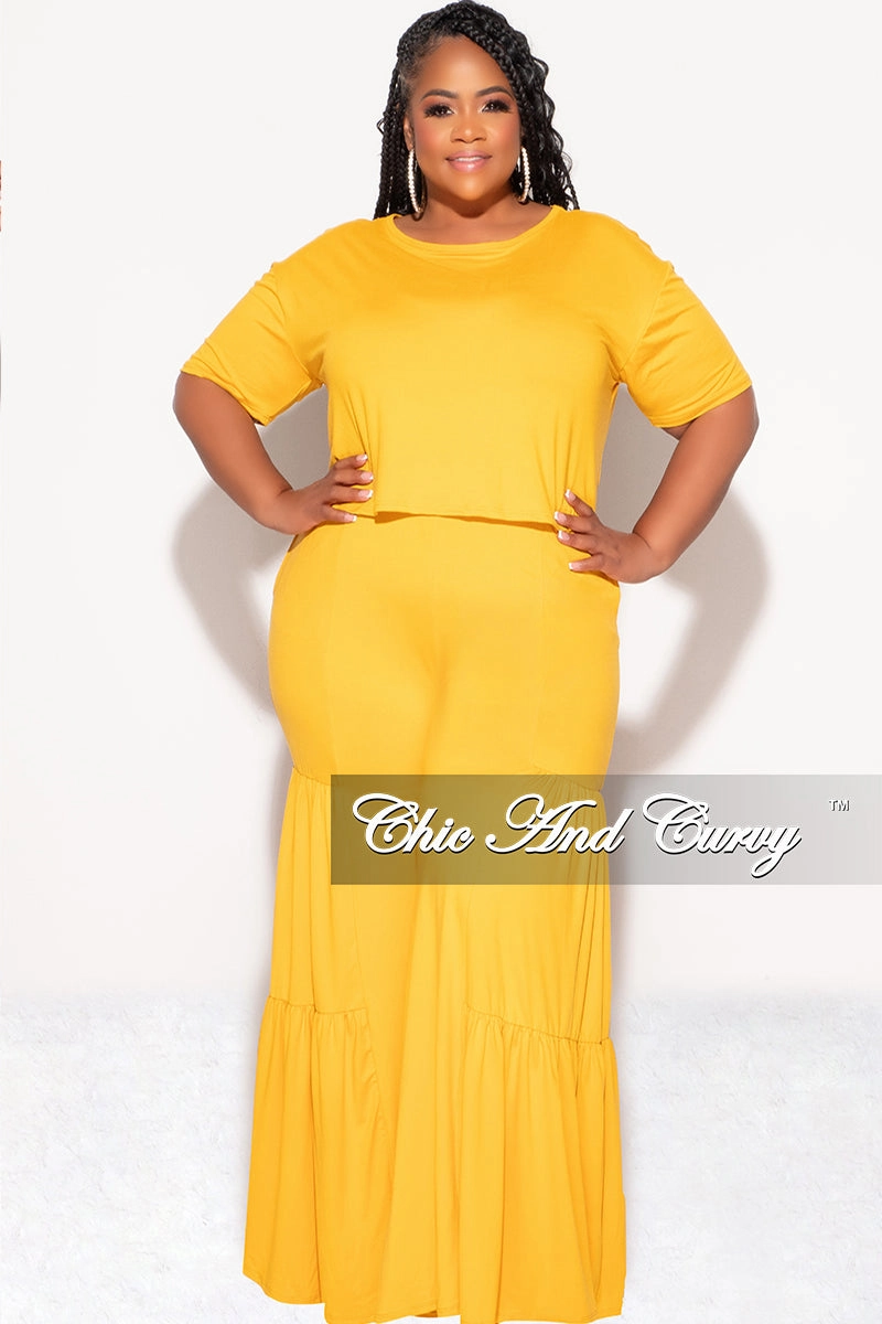 Final Sale Plus Size 2pc Crop Tie Top and 3-Layer Pants Set in Mustard Tapered leg Modern Design