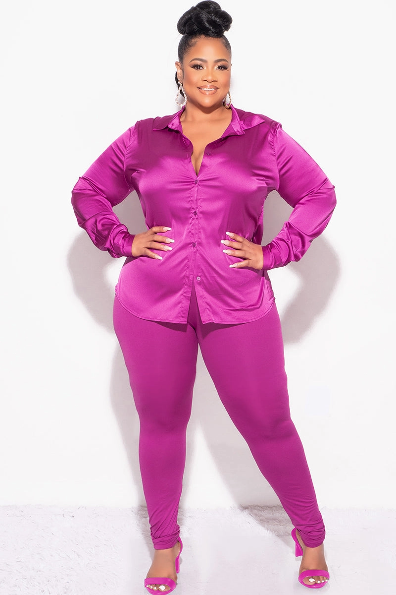No Irritation Seams Ripstop Texture Final Sale Plus Size 2pc Button Up Collar Satin Top and Pants Set in Berry