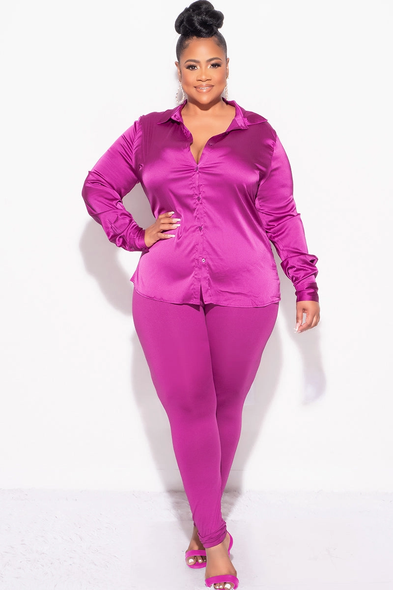 Utility pocket Tear Resistant Design Final Sale Plus Size 2pc Button Up Collar Satin Top and Pants Set in Berry