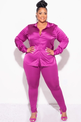 No Irritation Seams Ripstop Texture Final Sale Plus Size 2pc Button Up Collar Satin Top and Pants Set in Berry